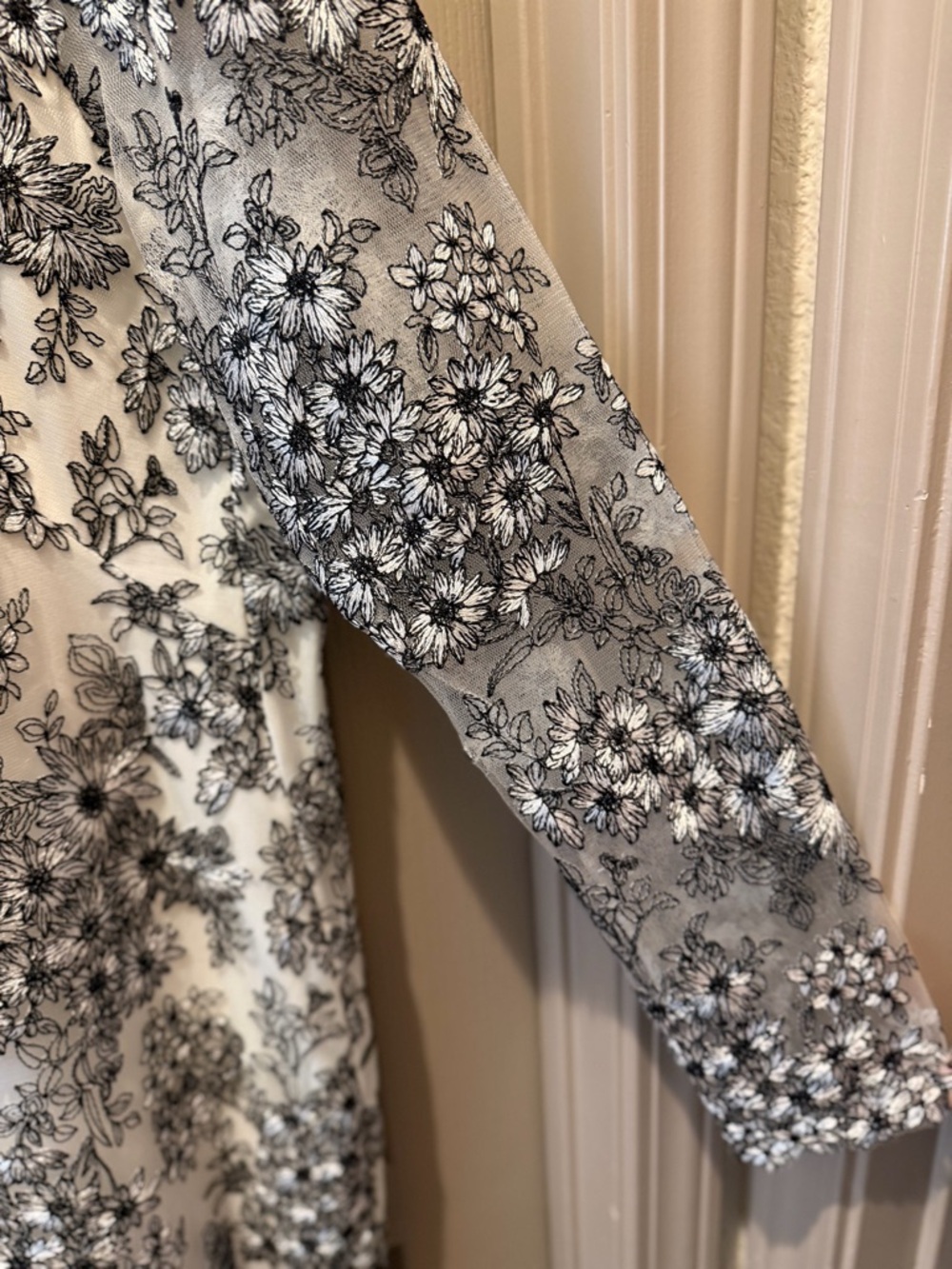 Tadashi Shoji White Dress with Black Floral Embroidery and Sheer Yoke - Picture 4 of 7